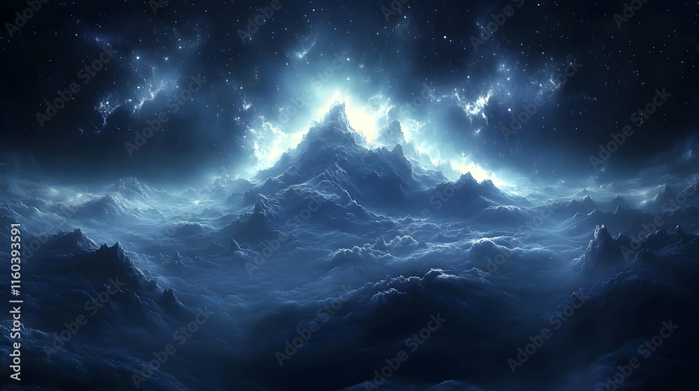 Fototapeta premium Mystical Mountain Peaks Touching the Starry Night Sky with Magical Radiance