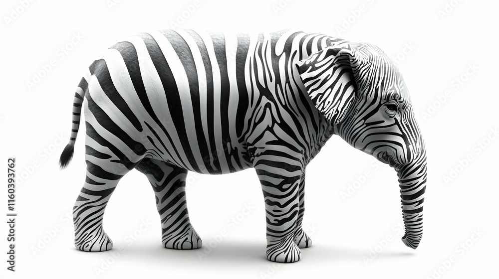 Obraz premium Zebra-Striped Elephant Stands Majestically on White Background