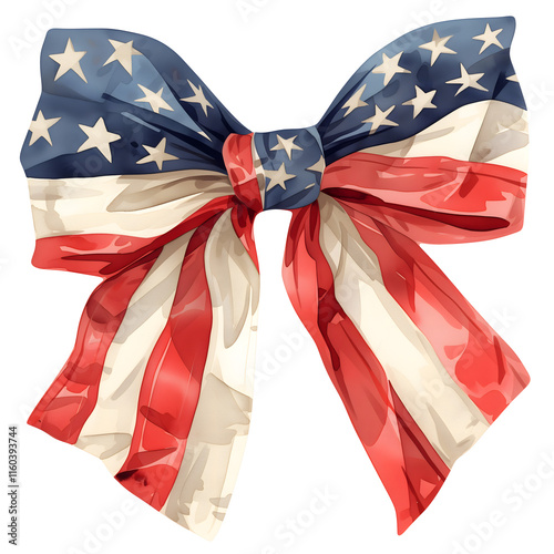 Patriotic USA ribbon bow with stars and stripes. Watercolor clip art of American flag design in coquette style. Isolated clipart design element on transparent background