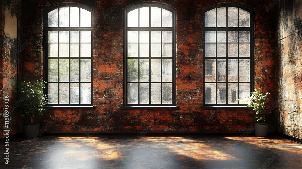 Sunlight Streams Through Arched Windows in a Rustic Loft Illuminating Brick Wall