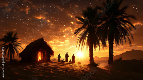 Desert Dwellers Gather at Sunrise by Hut under Starry Sky near Palm Trees photo