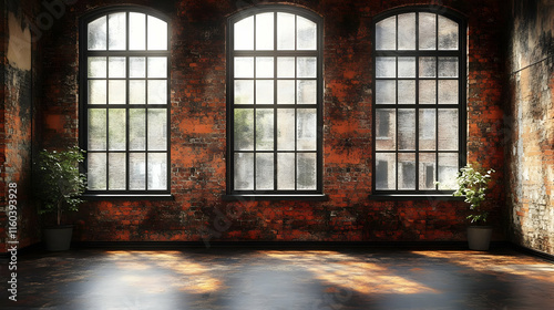 Sunlight Streams Through Arched Windows in a Rustic Loft Illuminating Brick Wall