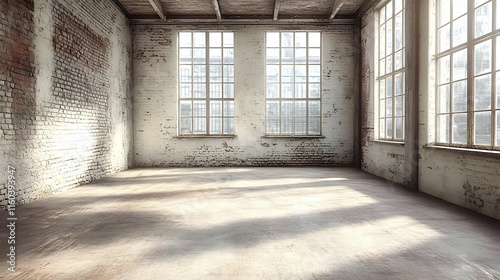 Empty Room Illuminates with Natural Light from Windows with Brick Walls