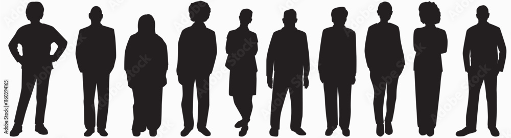 Silhouettes of diverse individual standing in a row white background. Silhouettes of diverse individual standing in a row white background.