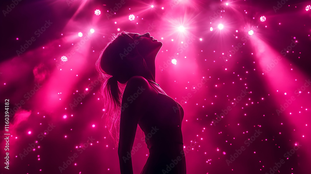 Silhouette Feels the Music Under Pink Lights with Particles Gracefully Silhouette Feels the Music Under Pink Lights with Particles Gracefully