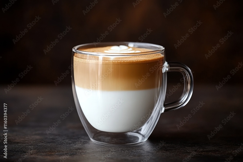 A beautifully layered coffee drink in a transparent mug, showcasing its creamy texture. A beautifully layered coffee drink in a transparent mug, showcasing its creamy texture.