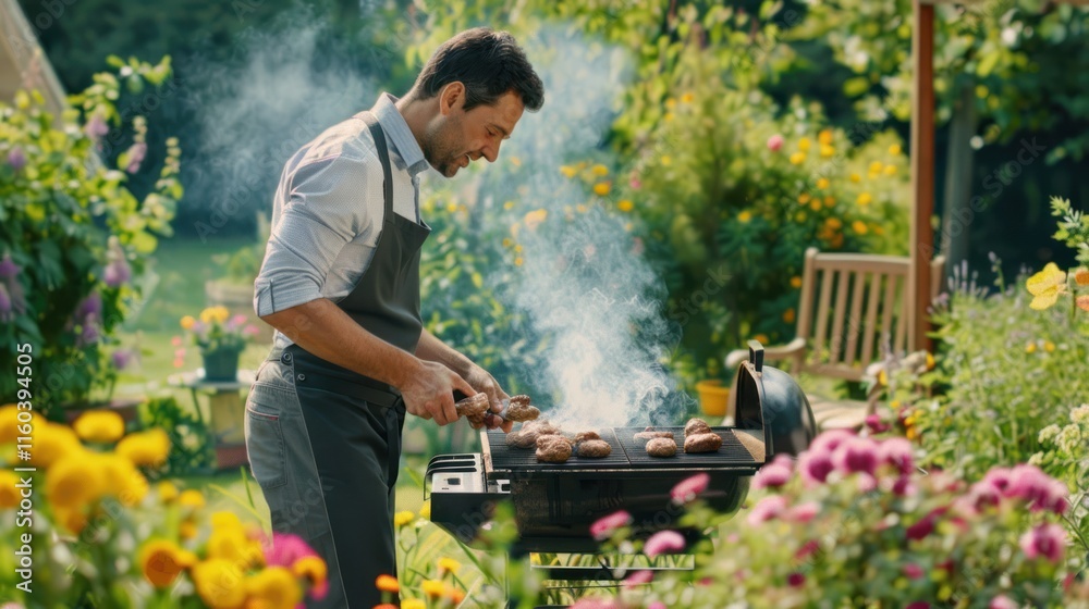 Man grilling burgers in a sunny garden. Man grilling burgers in a sunny garden.