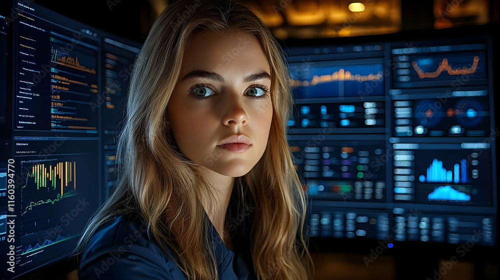 Young Woman Analyzes Financial Data on Multiple Computer Screens in a Darkened Room