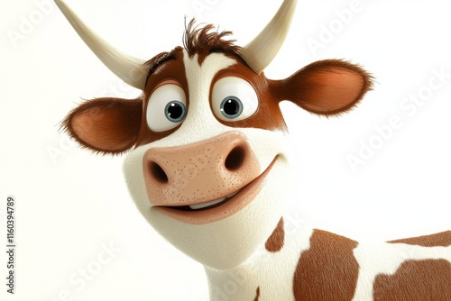 A friendly cartoon cow with a big smile and distinctive brown and white markings.