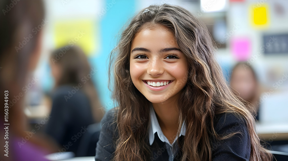 Smiling Student Girl Looks and Talks Happily to Classmate in a Bright Classroom Smiling Student Girl Looks and Talks Happily to Classmate in a Bright Classroom