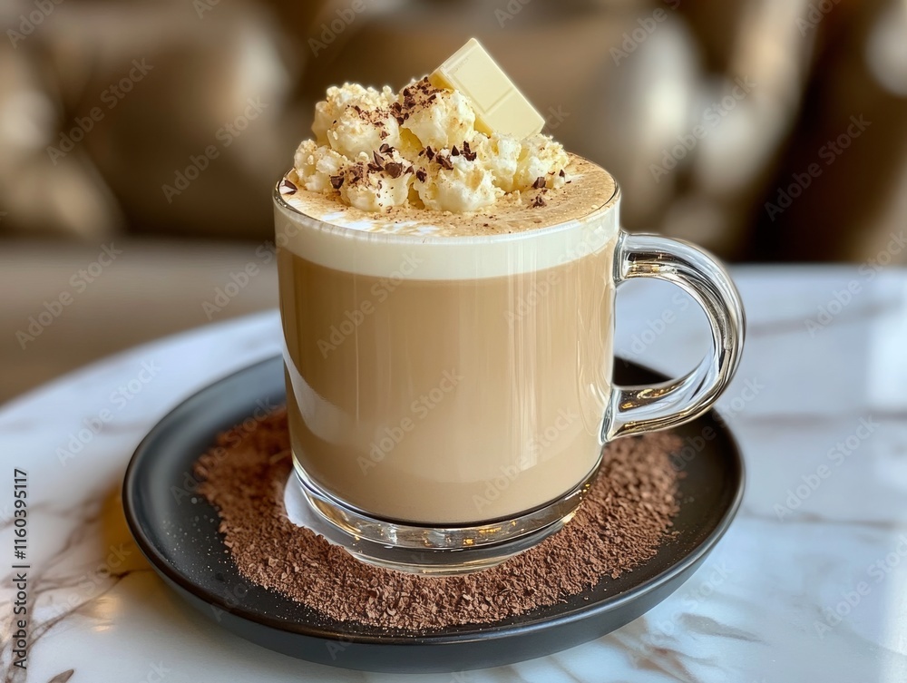 A creamy coffee drink topped with whipped cream and chocolate, served in a clear glass mug. A creamy coffee drink topped with whipped cream and chocolate, served in a clear glass mug.