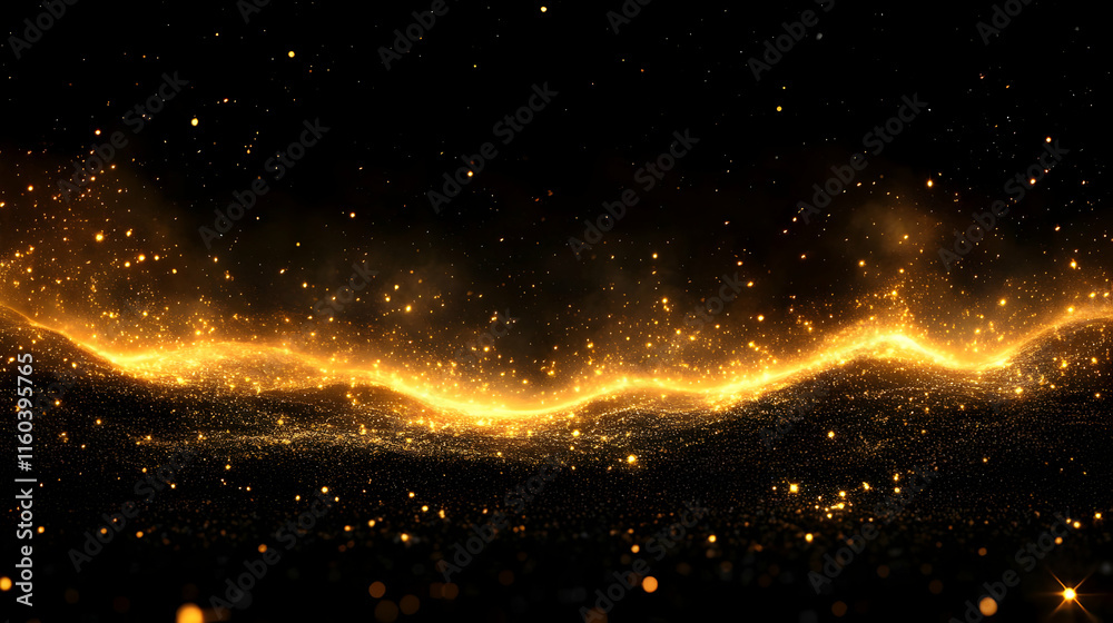 Golden Particles Flow Beautifully on Black Background with Dust Golden Particles Flow Beautifully on Black Background with Dust