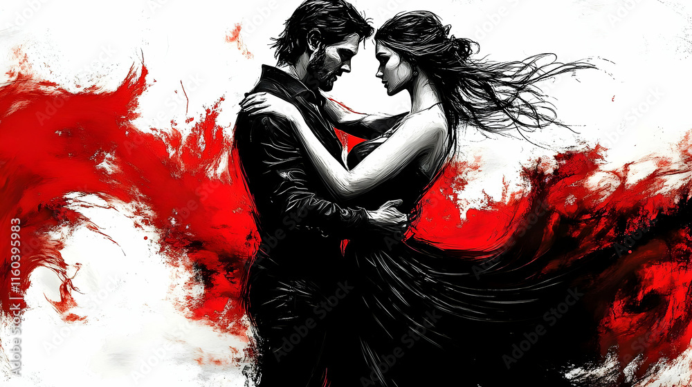 Fototapeta premium Couple Embraces Passionately Amidst Red Romance, Love, and Intimacy