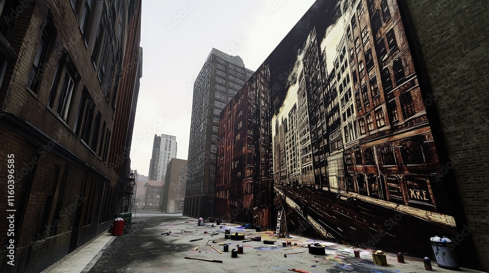Naklejka premium A city alley with a large mural depicting a historic urban scene, surrounded by debris.
