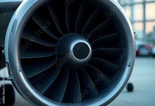 Close-up of a large airplane turbofan engine showing its blades