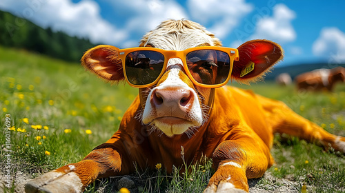 Cool Cow Relaxes in Field, ...