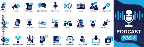 Podcast icon set. audio, microphone, record, podcasting, broadcasting You can easily change the color.