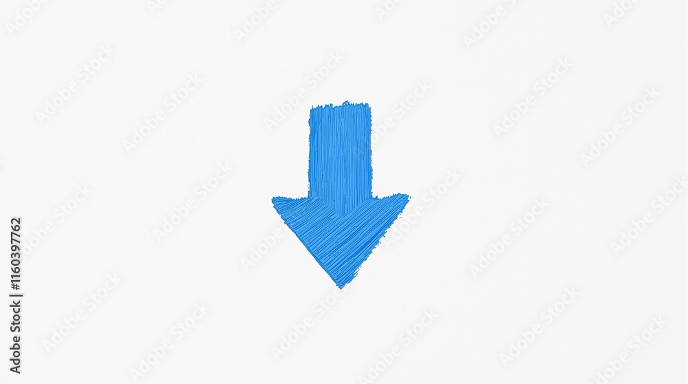 Blue paint arrow on white surface symbolizing downward direction and simplicity Blue paint arrow on white surface symbolizing downward direction and simplicity