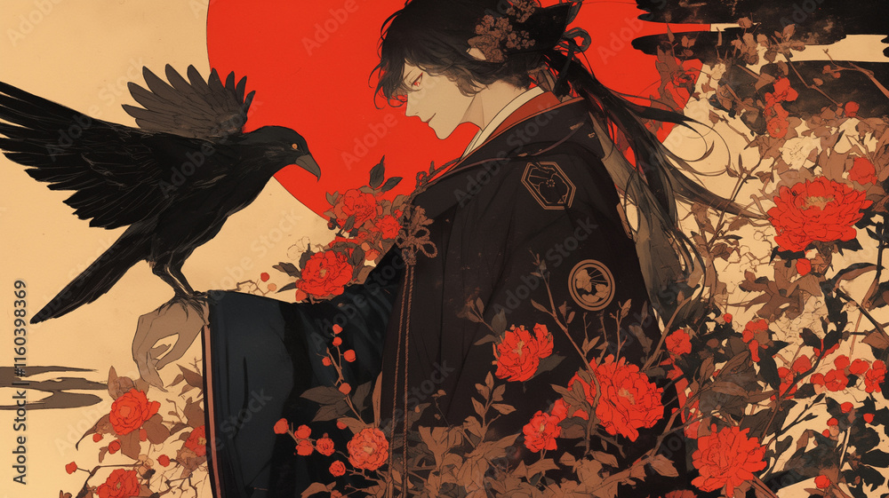 Fototapeta premium 着物を着た中世的な男性のイラスト,日本の伝統文化のファッション、文化