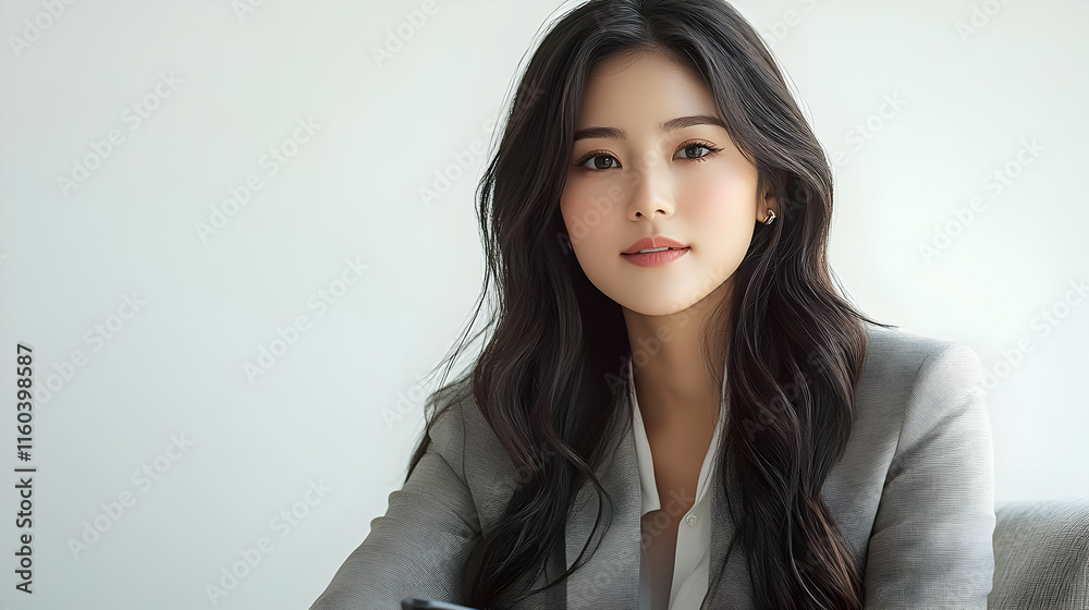 Portrait of a Confident Young Woman in a Business Suit, Posing Gracefully with a Soft Smile. Portrait of a Confident Young Woman in a Business Suit, Posing Gracefully with a Soft Smile.