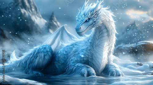 Ice Dragon Rests in Frozen Landscape, Fantasy Art, Mythical Creature