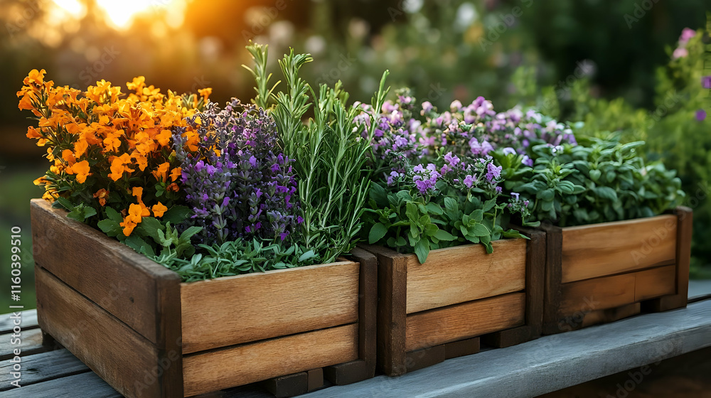 Wooden Boxes Overflow with Vibrant Flowers and Herbs in Sunset Garden Wooden Boxes Overflow with Vibrant Flowers and Herbs in Sunset Garden