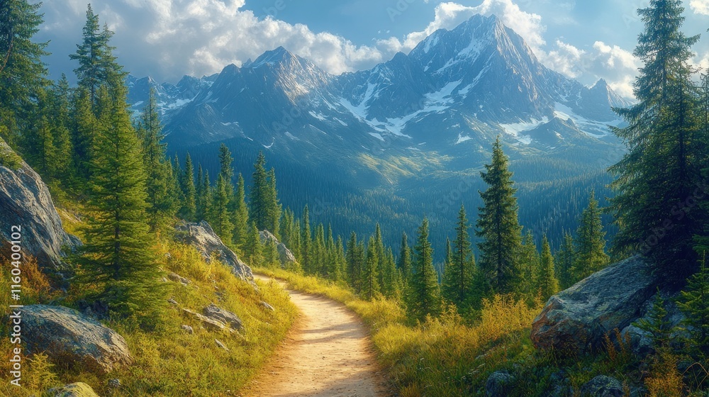 Fototapeta premium Mountain path, trees, scenic view, majestic peaks.