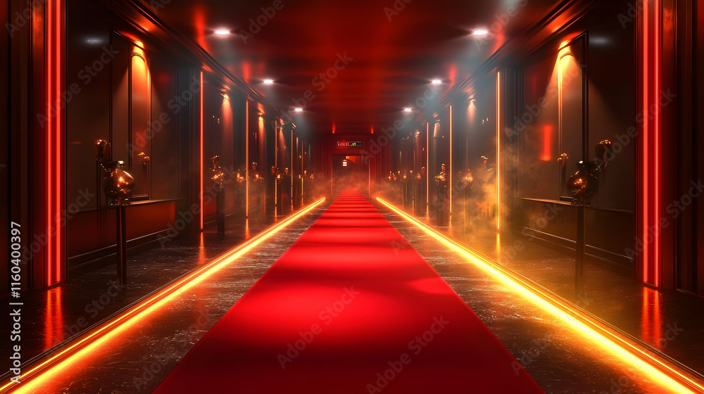 Red Carpet Aisle with Neon Lights Illuminates a Dark Hallway with Spotlights Dramatically Red Carpet Aisle with Neon Lights Illuminates a Dark Hallway with Spotlights Dramatically