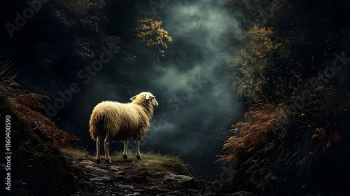 Lone Sheep Stands on Cliff,...