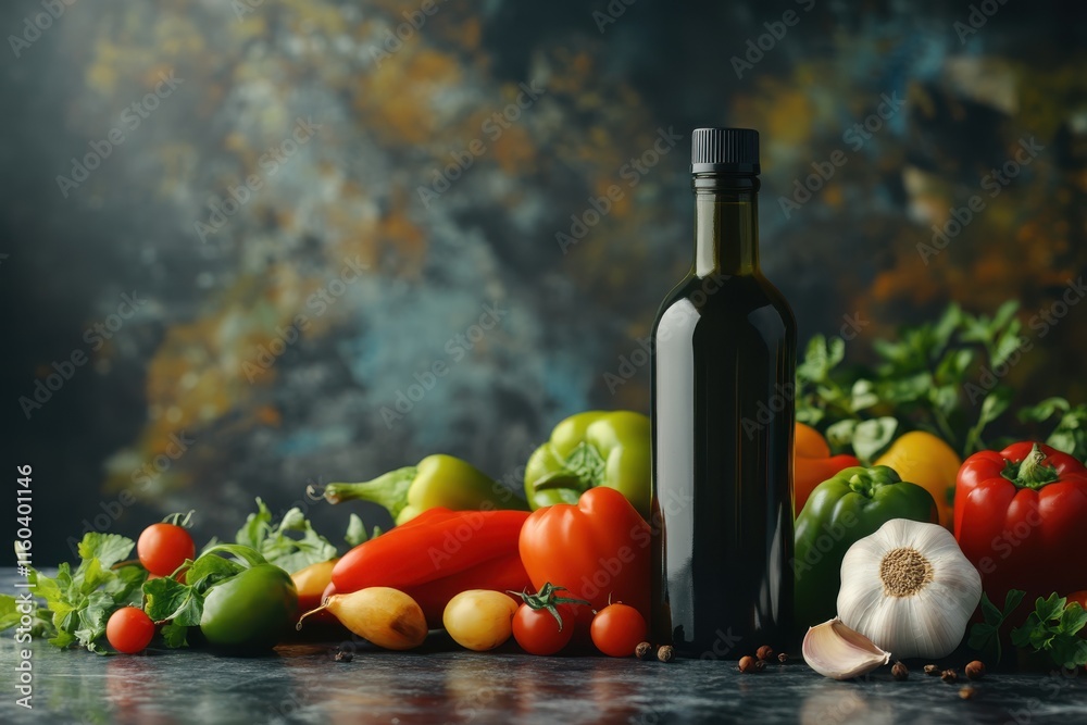 Fresh Ingredients on a Rustic Table with Olive Oil Bottle Surrounded by Colorful Vegetables and Herbs Perfect for Healthy Cooking and Culinary Creations Fresh Ingredients on a Rustic Table with Olive Oil Bottle Surrounded by Colorful Vegetables and Herbs Perfect for Healthy Cooking and Culinary Creations