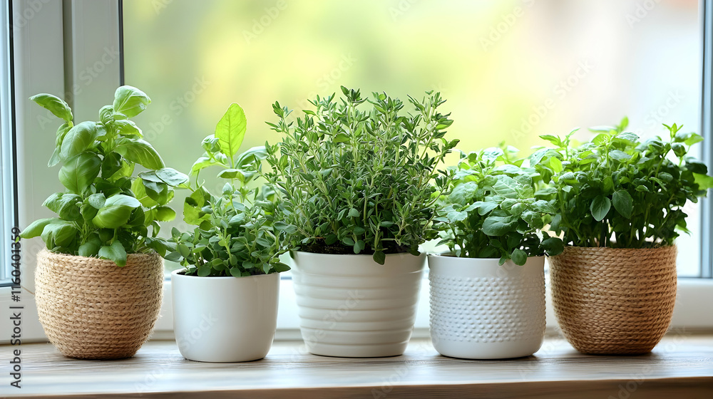 Fresh herbs thrive in pots on a windowsill, creating a vibrant indoor garden with natural light. Fresh herbs thrive in pots on a windowsill, creating a vibrant indoor garden with natural light.