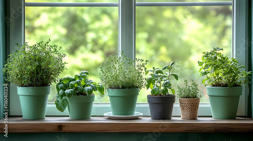 Potted Herbs Thrive on Windowsill with Lush Green View