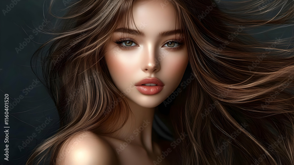 Naklejka premium Beauty Flows: Hair Blows in Wind, Glamour Portrait, Soft Light, Fashion, Style