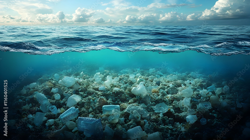 Fototapeta premium Plastic Pollution Plagues the Ocean Floor Under a Serene Sky
