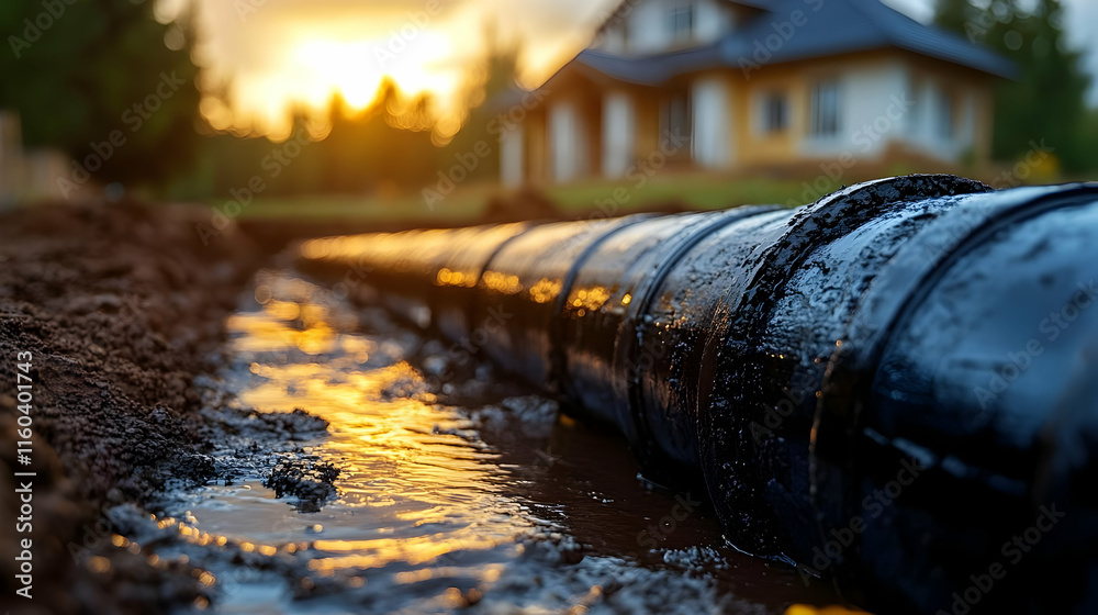 Black Drainage Pipes Installation near a House at Sunset with Golden Light Reflecting in Water Black Drainage Pipes Installation near a House at Sunset with Golden Light Reflecting in Water