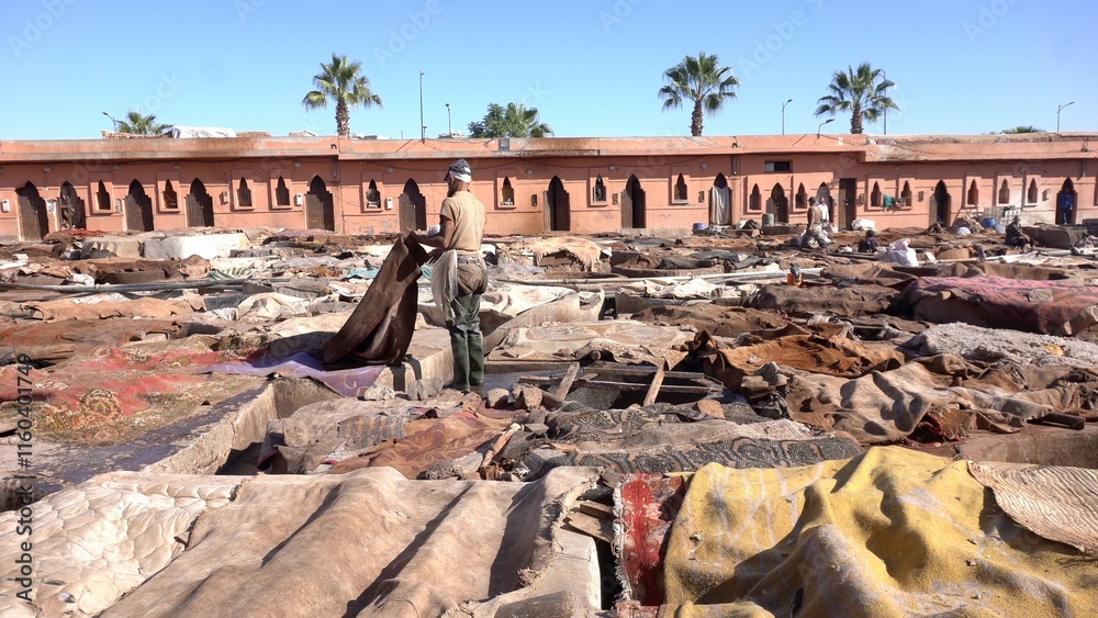 Africa,Morocco, Marrakech 12,28,2024 The Sidi Yacoub tannery inside the Medina souk of Marrakech where leather is colored with ancient and traditional systems of color immersion - tanning of hides