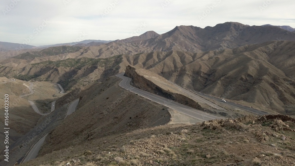 Africa , Morocco - Atlas Mountains with the mountain roads of Tizi-n-Test in the background , Travel Journey from Marrakech to Merzouga Sahara Desert - Journey and Adventure in Marocco