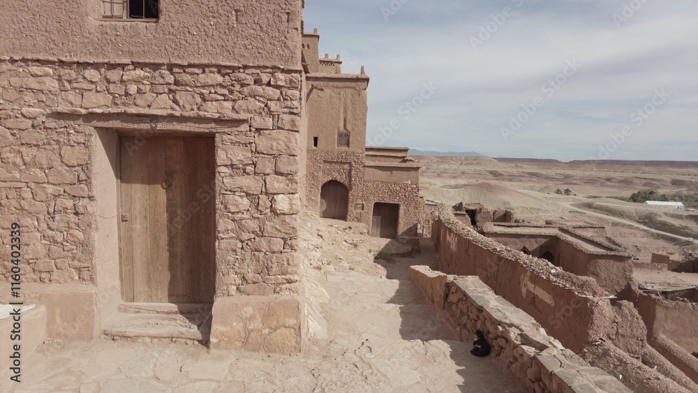 Africa, Morocco 12,29,2024 The KASBAH of Ait Ben Haddou is a fortified city near Ouarzazate . Ait Ben Haddou is a great example of earthen clay architecture , tourist visiting attraction destination