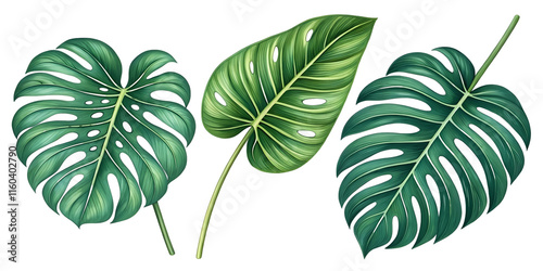 Tropical leaves, botanical illustration, monstera deliciosa, philodendron, green foliage, detailed veins, realistic plant art