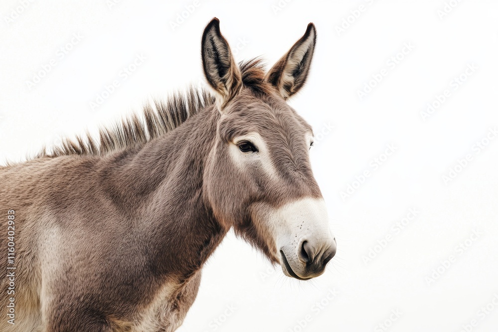A close-up of a donkey's face against a light background. A close-up of a donkey's face against a light background.