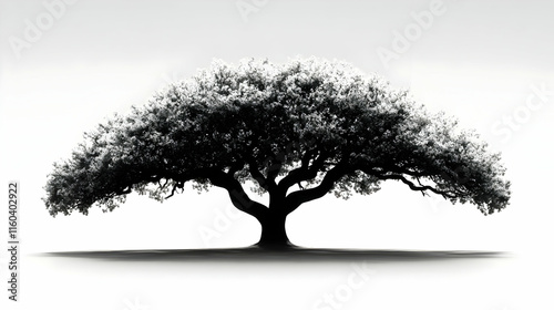 Silhouette of a Majestic Tree Stands Alone on a White Background, Creating a Stark Contrast
