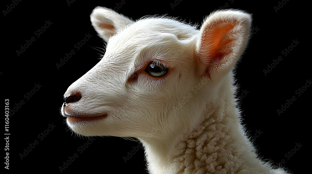 Fototapeta premium Lamb Gazes Curiously: Innocence and Newborn Farm Animal on Black Background