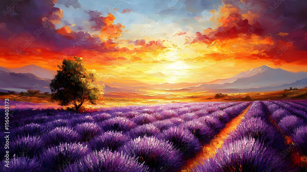Fototapeta premium Lavender Field Meets Sunset Glow Over Mountains Beautifully