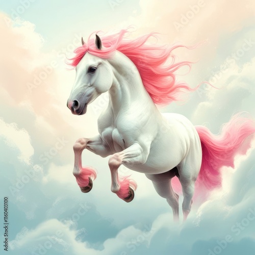 White horse with pink hair is jumping in the air photo