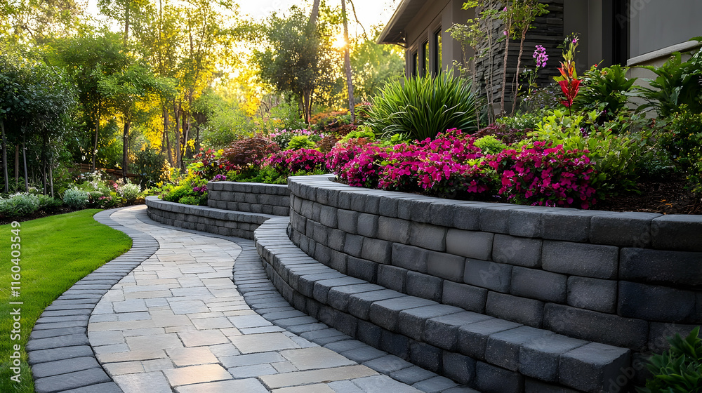 Obraz premium Curving Paver Pathway Winds Through Lush Garden with Tiered Retaining Wall at Sunrise