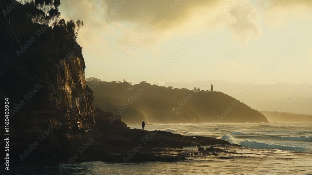 Solitary figure on coastal cliff at sunset, ocean waves. Solitary figure on coastal cliff at sunset, ocean waves.