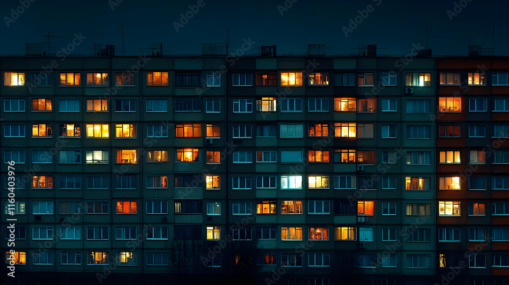 Apartment Building Shows Illuminated Windows at Night, Creating a Warm and Inviting Atmosphere Apartment Building Shows Illuminated Windows at Night, Creating a Warm and Inviting Atmosphere