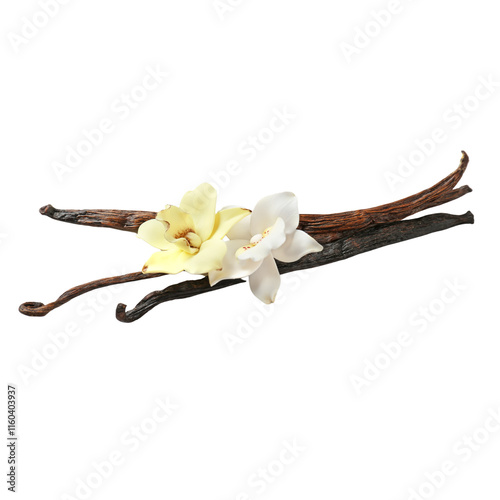 vanilla flower with pods and leaves isolated on transparent background. photo