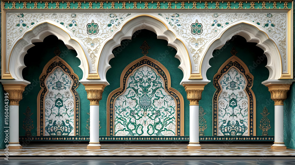 Obraz premium Elegant Arabesque Interior Design showcases intricate floral patterns on green walls, with white and gold arches framing the scene.