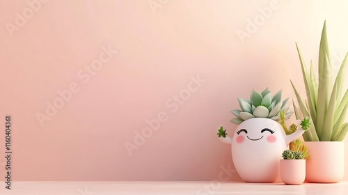 Wallpaper Mural Charming 3D Render: Joyful Cactus Potted Plants on Soft Pink Background. AI Generated Torontodigital.ca